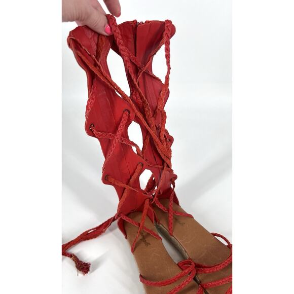 FREE PEOPLE Red Braided Leather Bondi Tall Gladiator Espadrilles Sandals - Picture 6 of 16
